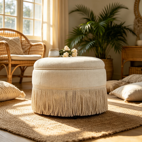 Round Storage Ottoman Bench(Beige), 23.23 Inch Upholstered Footstool with Tassel Fringe, 250 lbs Capacity Circular Storage Foot Rest Stool, Fabric Ottoman for Living Room Bedroom Entryway-8