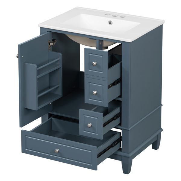 24" Bathroom Vanity with Sink and Drawers, Gray Blue Freestanding Vanity Cabinet with Ceramic Top and Storage Shelves, MDF and Solid Wood Base, Modern Sink Cabinet for Small Bathrooms-22