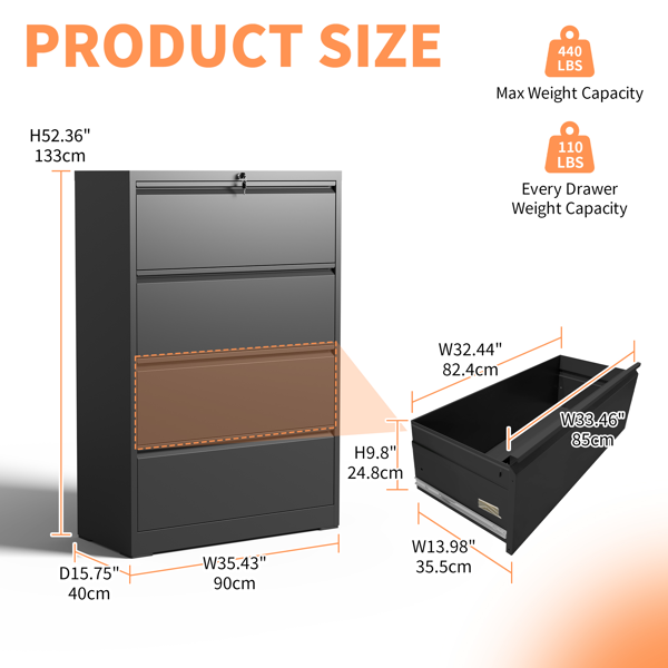4 Drawer Lateral File Cabinet, Heavy Duty Metal Filing Cabinet, 35.4 Inch Wide Locking File Cabinet for Home Office, Space-Saving Vertical Storage with Anti-Tip Interlock, for Letter/Legal/A4 Files-6