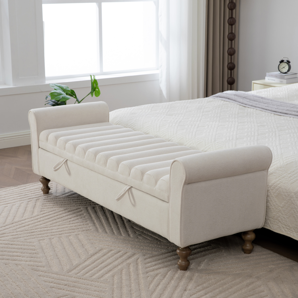 65.55" Wide Modern Upholstered  Storage Bench , Napped fabric Bed End Foot Stool With Rolled Armrest, Bench Daybed With Rubberwood Legs For Living Room, Entryway, Dormitory, Bedroom,Beige-3