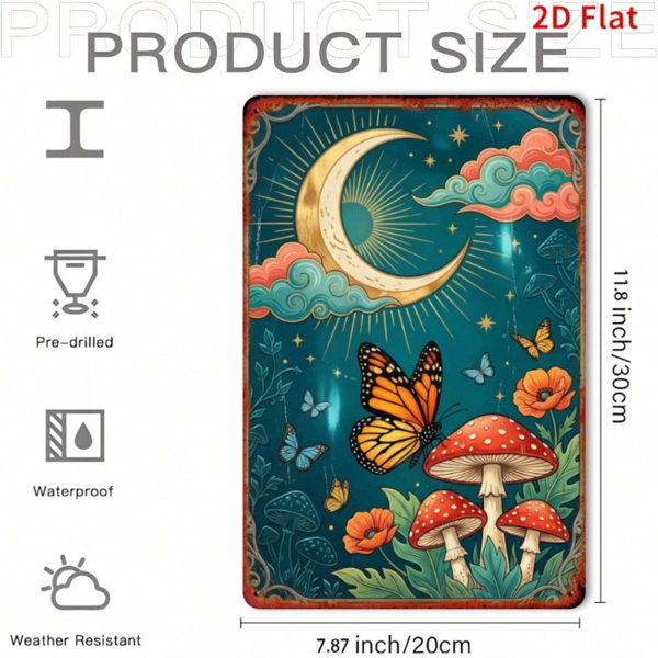 CIFbuy 2D 平面蝴蝶与蘑菇月亮标志，铁质锡制墙饰 7.8x11.8 英寸（TikTok, temu 自提物流）-6
