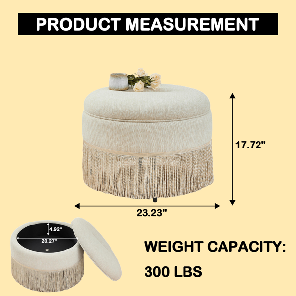 Round Storage Ottoman Bench(Beige), 23.23 Inch Upholstered Footstool with Tassel Fringe, 250 lbs Capacity Circular Storage Foot Rest Stool, Fabric Ottoman for Living Room Bedroom Entryway-2