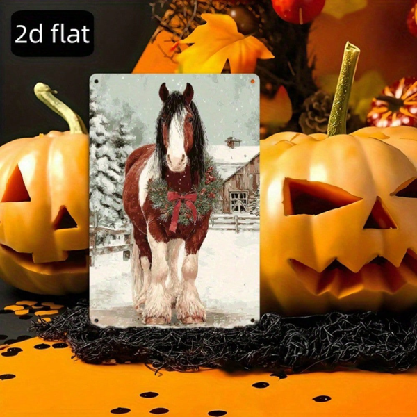 CIFbuy 复古圣诞马图案金属铁皮装饰牌 8x12，乡村风冬季红丝带墙饰（TikTok, temu 自提物流）-5