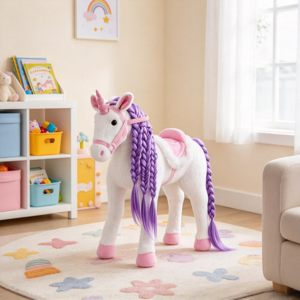 白色带衬垫的毛绒动物马玩具，蹒跚学步的骑马-4