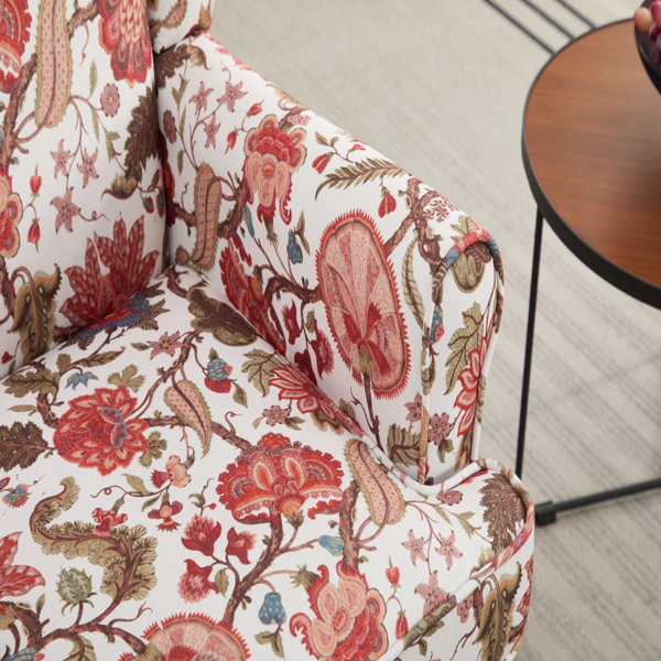 Modern Accent Chair with Retro Wood Legs, Comfy Upholstered Armchair, Floral Design Single Sofa Chair for Living Room Bedroom Office - Floral Red-25