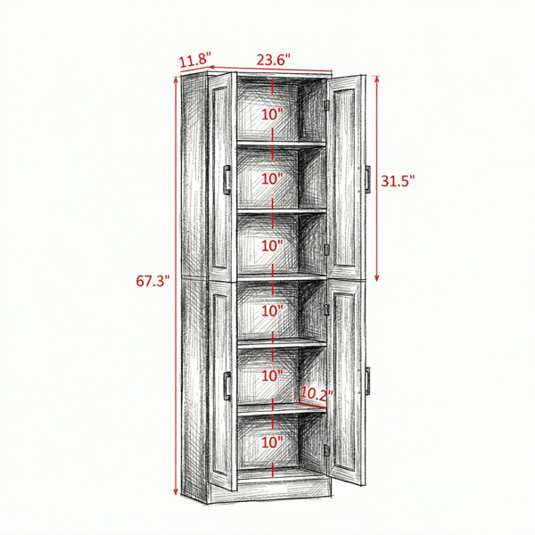 独立式4门厨房餐具柜，带可调节架子和门的大型储物空间-2