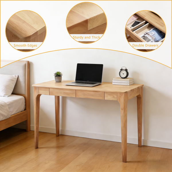 Solid Wood Desk with Drawers, Standing Desk with Smooth Edges, Home Office Desk for Small Spaces, Mid Century Modern Desk for Study, Bedroom, Living Room, Office, (Natural Wood Color)-10