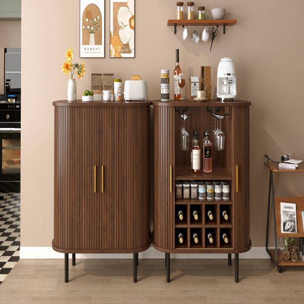 28" Fluted Wine Bar Cabinet with 8-Grid Wine Rack, 5-Level Adjustable Shelves, 2 Glass Holders, Smoothly Sliding Tambour Doors, 4 Hidden Storage Space on the Side, Modern Liquor Coffee Station, Walnut-20