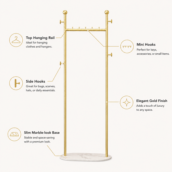 Clothing Rack, Golden Metal Freestanding Heavy Duty Clothes Rack with Marble Pattern Sintered Stone Base, Multipurpose Garment Hanger for Bedroom, Hat, Scarf, Jacket-4
