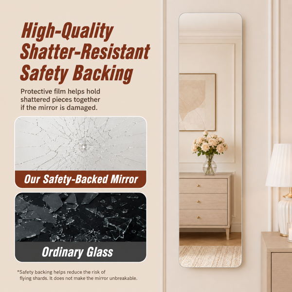 60" x 15" Full Length Wall Mirror, Frameless Rounded Rectangle Body Mirror with Shatter-Resistant Backing, 3 Installation Options, HD Silver Glass Mirror for Bedroom, Closet, Entryway & Salon-7
