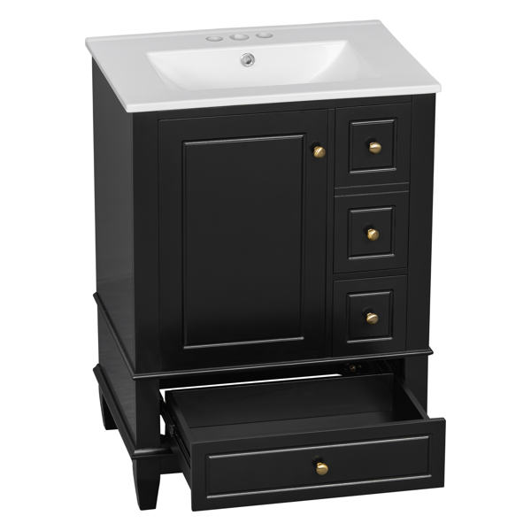 24" Bathroom Vanity with Sink and Drawers, Black Freestanding Vanity Cabinet with Ceramic Top and Storage Shelves, MDF and Solid Wood Base, Modern Sink Cabinet for Small Bathrooms-18