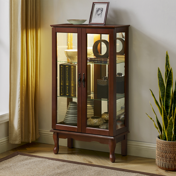 Curio Cabinet Lighted Curio Diapaly Cabinet with Adjustable Shelves and Mirrored Back Panel, Tempered Glass Doors (Walnut, 3 Tier), (E26 light bulb not included)-4