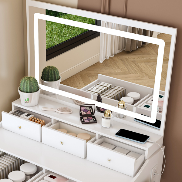 New Large Mirror Vanity Desk for Bed room  , Modern Makeup Vanity Set with Power Outlet and Hair dryer holder, 5 Drawers , 3 Lighting Color Adjustable Dressing Table for Bedroom, White Color-12