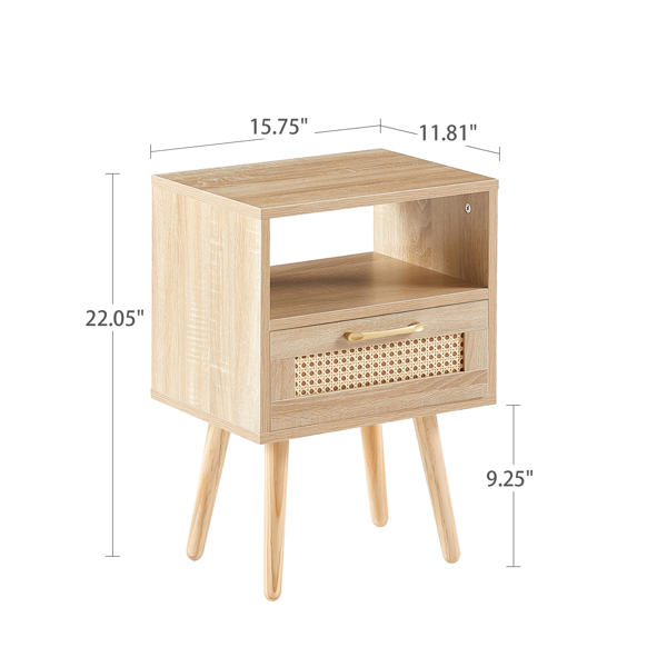 15.75" Rattan End table with  drawer and solid wood legs, Modern nightstand, side table for living room, bedroom,natural-3
