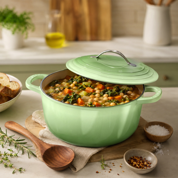 不锈钢手柄 7.5QT 7.1L 圆形 珐琅锅 绿色渐变 含手套 隔热垫-4