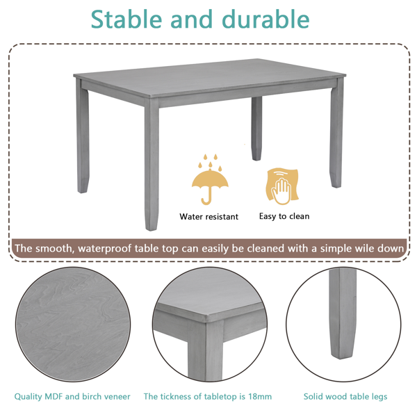 6 Piece Kitchen Dining Set, Rectangular Wooden Dining Table with 4 Upholstered Chairs and a Bench, Dining Table Set for 6 People, Living Room, Home Bar and Kitchen, Gray-6