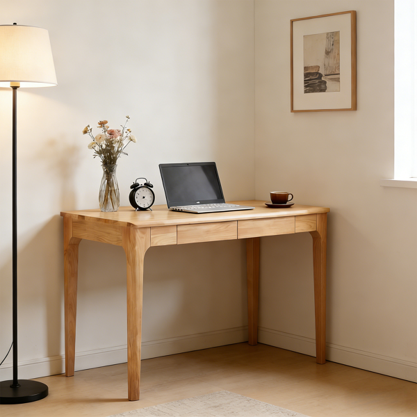 Solid Wood Desk with Drawers, Standing Desk with Smooth Edges, Home Office Desk for Small Spaces, Mid Century Modern Desk for Study, Bedroom, Living Room, Office, (Natural Wood Color)-7