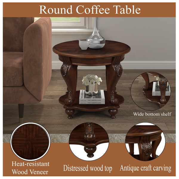 22'' Retro Round End Table,Solid Wood Sofa Side Table with Shelf,Living Room Corner Table Easy Assemble,Cherry-4