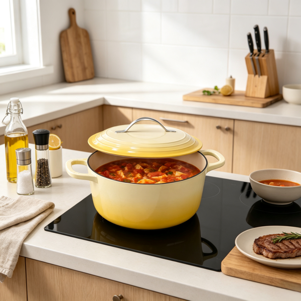 不锈钢手柄 7.5QT 7.1L 圆形 珐琅锅 黄色渐变 含手套 隔热垫-2