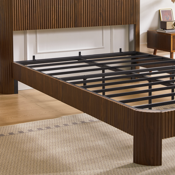 Full Extra Long(Full XL) Size bed frame with storage headboard, built-in charging station, wavy curved lines design, silent operation, metal support, Walnut-10