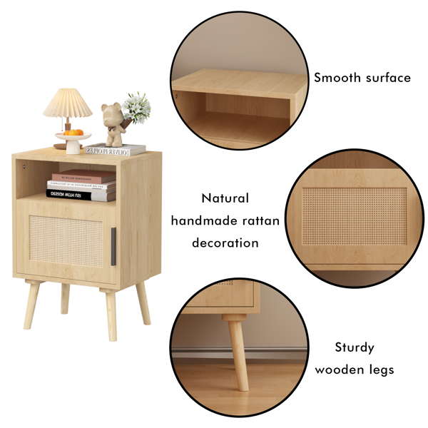 22.83'' H Rattan Nightstand, Side Table with Door Open Shelf,  Accent Bedside End Table with Solid Wood Legs for Bedroom, Dorm and Small Spaces, Oak-16