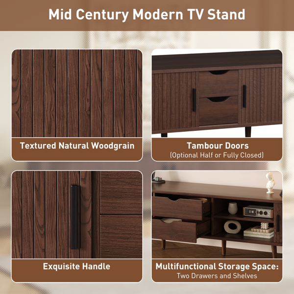 70 Inch Mid Century Modern TV Stand, TV Stand for 80 Inch TV, TV Stand with Tambour Doors, Drawers and Power Outlet, TV Consoles for Living Room, Bedroom-6