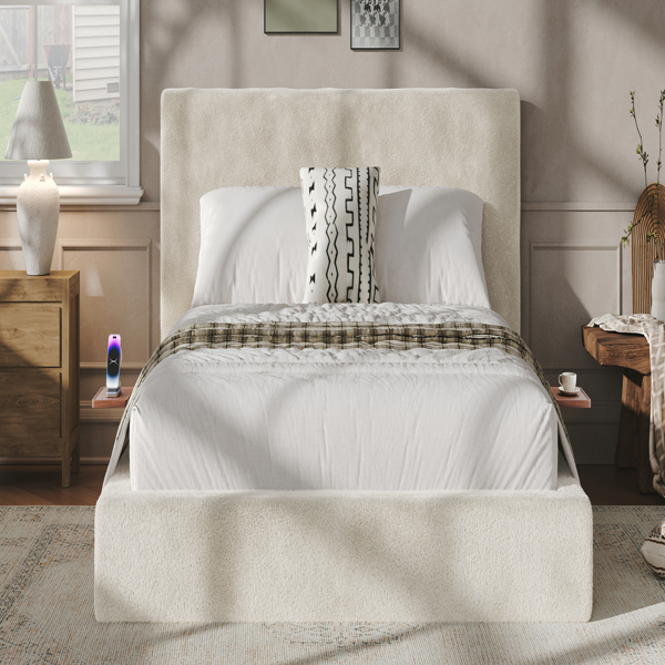 AirFrame King Bed Frame with adjustable Sliding Side Table, 8.7'' Cloud Upholstered Sponge Cushion, Easy Assembly (Off-White).-13
