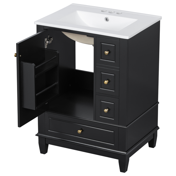 24" Bathroom Vanity with Sink and Drawers, Black Freestanding Vanity Cabinet with Ceramic Top and Storage Shelves, MDF and Solid Wood Base, Modern Sink Cabinet for Small Bathrooms-28