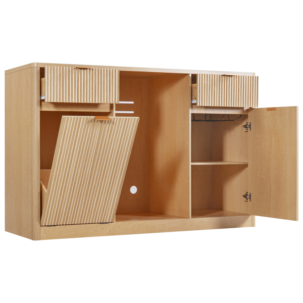K&K 59" Coffee Bar Cabinet with Fridge Space & Tilt-Out Trash Cabinet, Mini Fridge Wine Cabinet with Storage/Charging Station, Fluted Buffet Sideboard with Glass Holder for Dining Room, Natural Oak-43