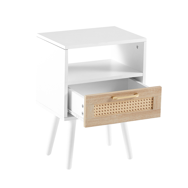 15.75" Rattan End table with  drawer and solid wood legs, Modern nightstand, side table for living room, bedroom, white-12