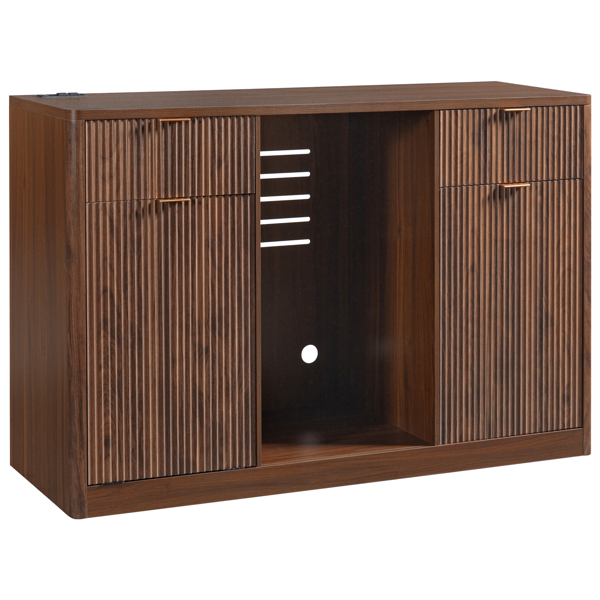 K&K 59" Coffee Bar Cabinet with Fridge Space & Tilt-Out Trash Cabinet, Mini Fridge Wine Cabinet with Storage/Charging Station, Fluted Buffet Sideboard with Glass Holder for Dining Room, Walnut Brown-42