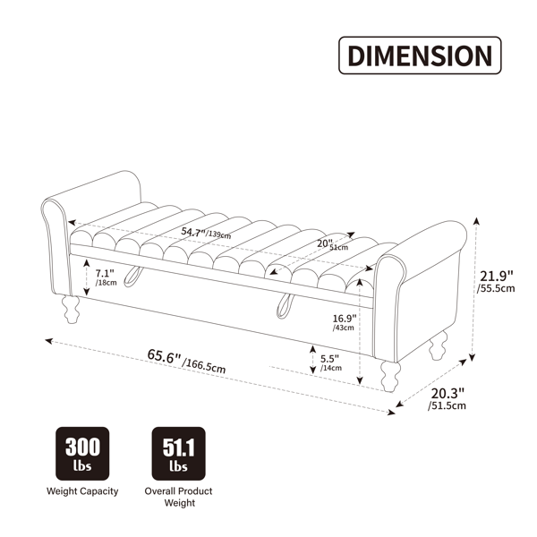65.55" Wide Modern Upholstered  Storage Bench , Napped fabric Bed End Foot Stool With Rolled Armrest, Bench Daybed With Rubberwood Legs For Living Room, Entryway, Dormitory, Bedroom,Beige-12