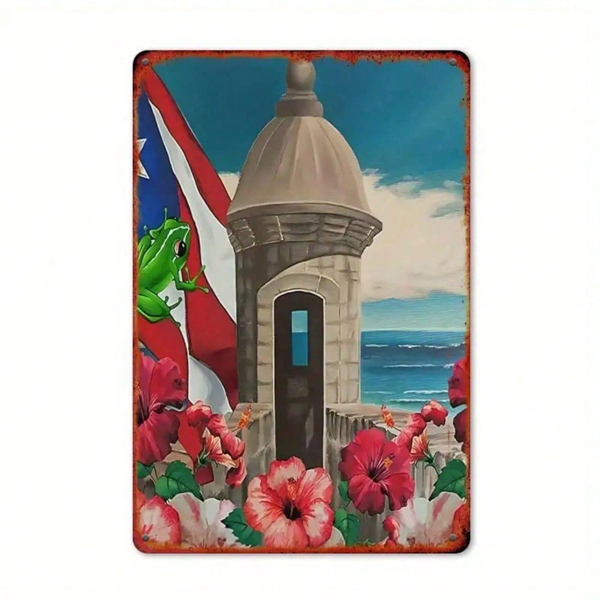 CIFbuy 复古波多黎各国旗金属铁皮装饰牌 8x12，海岸风光青蛙铁艺作品（TikTok, temu 自提物流）-5