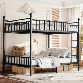 Queen over Queen Metal Bunk Bed with Unique Curved Guardrail Design, Round Tube bunk bed Frame, No Box Spring Required, Metal Bunk Bed Frame for Kids Teens,adults, Black