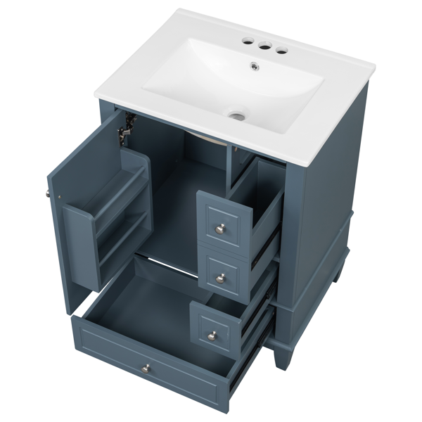 24" Bathroom Vanity with Sink and Drawers, Gray Blue Freestanding Vanity Cabinet with Ceramic Top and Storage Shelves, MDF and Solid Wood Base, Modern Sink Cabinet for Small Bathrooms-35