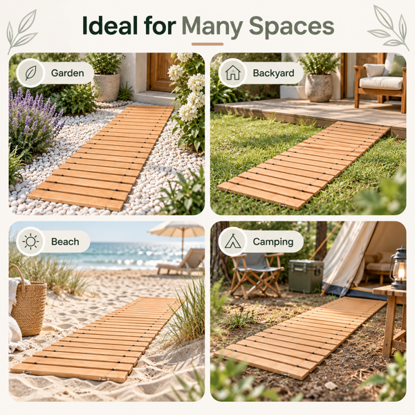 305 x 43 cmRoll-Out Wooden Walkway Mat, 1.5 cm Thick Portable Garden Pathway, Outdoor Wooden Boardwalk Path for Yard, Lawn, Beach, Patio and Camping-4