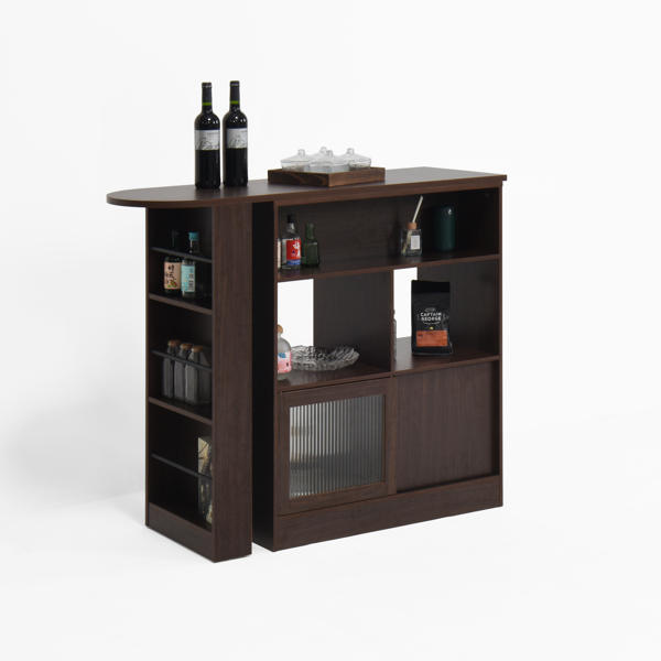 Modern Bar Cabinet with Rotating top, Counter Height Dining Cabinet with 6 Storage space and 2 Ribbed Glass Door for Kitchen, The Rotating Top with 3 Storage Shelves Dining Room, Living Room, Walnut-23