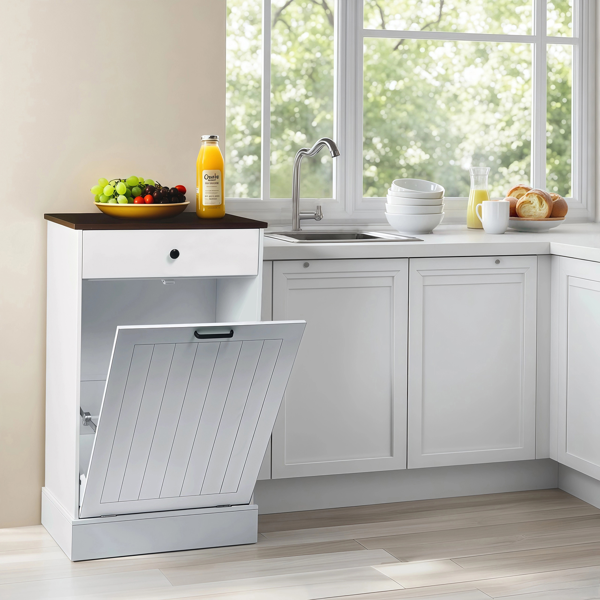 Tilt Out Trash Can Cabinet, Hidden Wooden Trash Can Cabinet with Drawer, Free Standing Garbage Cabinet for Kitchen, 10 Gallon Farmhouse Laundry Hamper Cabinet for Kitchen, Living Room (White)-8