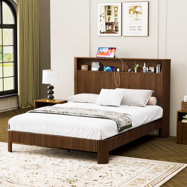 Queen Size bed frame with storage headboard, built-in charging station, wavy curved lines design, silent operation, metal support, Walnut-1
