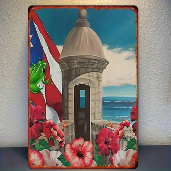 CIFbuy 复古波多黎各国旗金属铁皮装饰牌 8x12，海岸风光青蛙铁艺作品（TikTok, temu 自提物流）