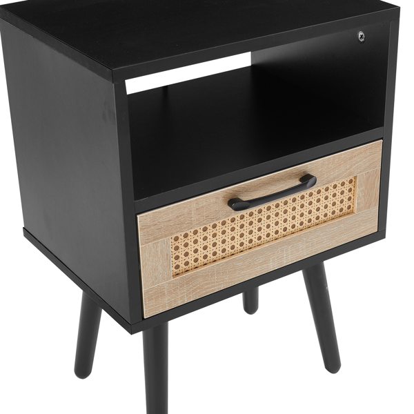 15.75" Rattan End table with  drawer and solid wood legs, Modern nightstand, side table for living room, bedroom, black-14