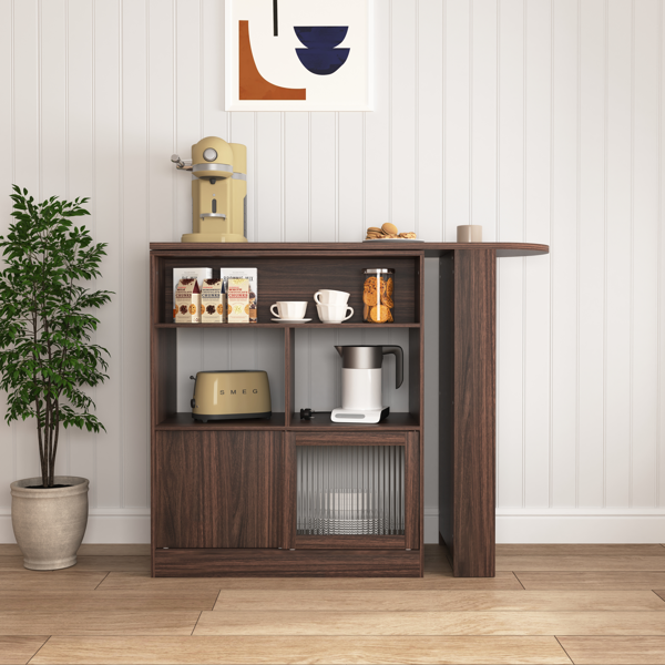 Modern Bar Cabinet with Rotating top, Counter Height Dining Cabinet with 6 Storage space and 2 Ribbed Glass Door for Kitchen, The Rotating Top with 3 Storage Shelves Dining Room, Living Room, Walnut-7
