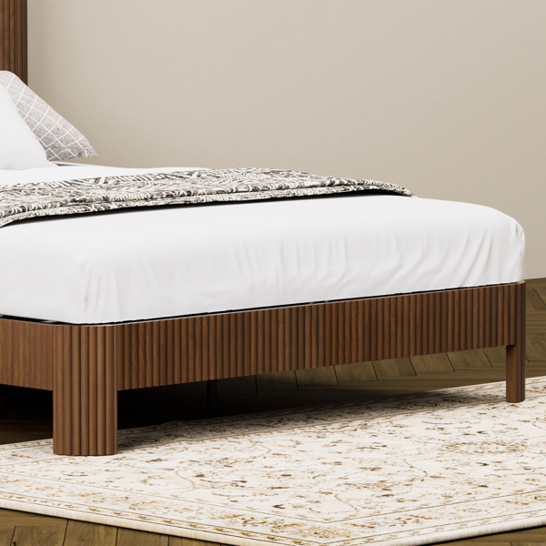 Queen Size bed frame with storage headboard, built-in charging station, wavy curved lines design, silent operation, metal support, Walnut-13