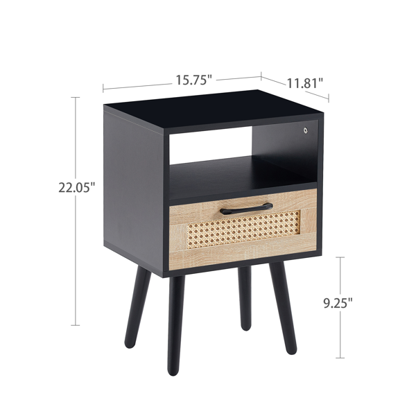 15.75" Rattan End table with  drawer and solid wood legs, Modern nightstand, side table for living room, bedroom, black-3