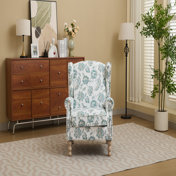Modern Accent Chair with Retro Wood Legs, Comfy Upholstered Armchair, Floral Design Single Sofa Chair for Living Room Bedroom Office-2