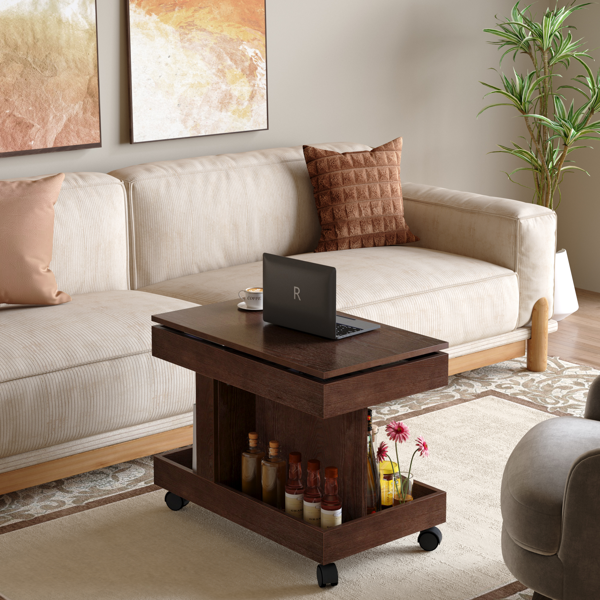 Small Coffee Table with Wheels, 360° Rotating Desktop Multi-Functional Side Table, Rolling End Table with Storage Compartment, Mobile Bedside Table for Living Room Bedroom Home Furniture, Walnut-8