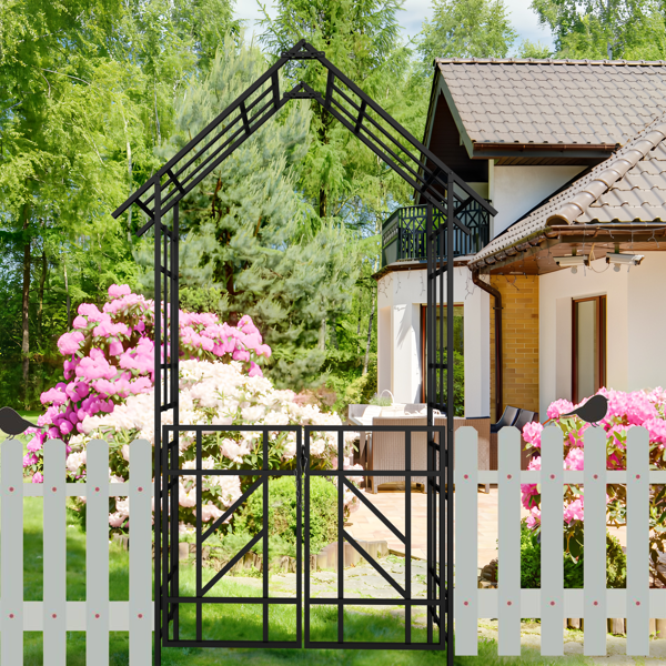 Metal Garden Arch with Gate W58.07*H97.24 Climbing Plants Support Rose Arch Outdoor Black-7