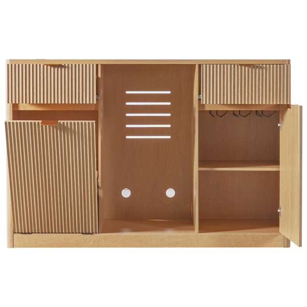 K&K 59" Coffee Bar Cabinet with Fridge Space & Tilt-Out Trash Cabinet, Mini Fridge Wine Cabinet with Storage/Charging Station, Fluted Buffet Sideboard with Glass Holder for Dining Room, Natural Oak-18