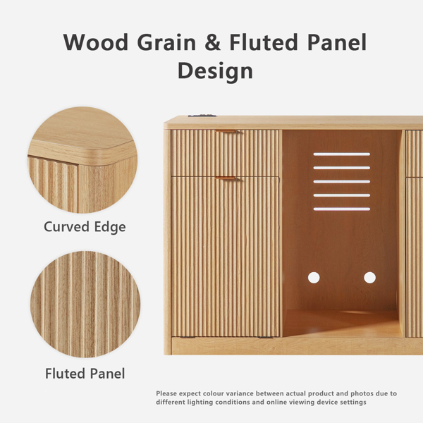 K&K 59" Coffee Bar Cabinet with Fridge Space & Tilt-Out Trash Cabinet, Mini Fridge Wine Cabinet with Storage/Charging Station, Fluted Buffet Sideboard with Glass Holder for Dining Room, Natural Oak-28