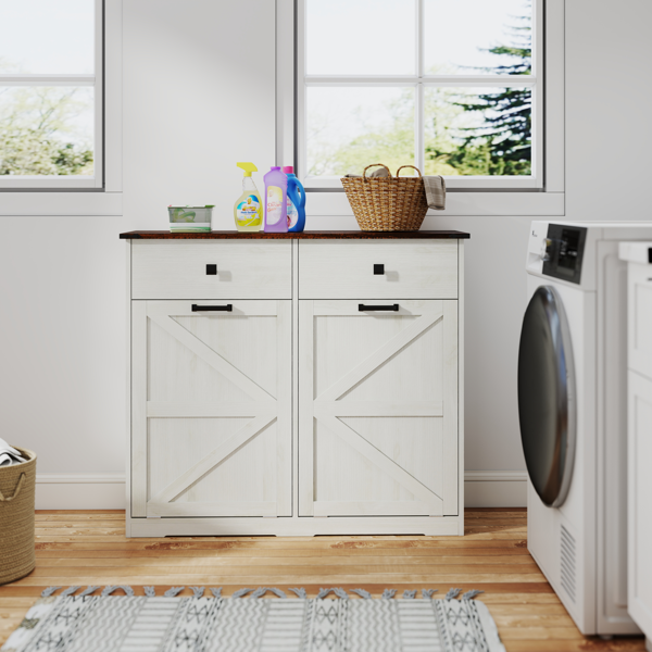 Farmhouse Double Tilt Out Trash Cabinet for 20 Gallon Trash Cans, Free Standing Recycling Cabinet with Hideaway Drawer, Barn Door Style Laundry Sorter Cabinet, Tilt Out Trash Cabinet for Kitchen-10